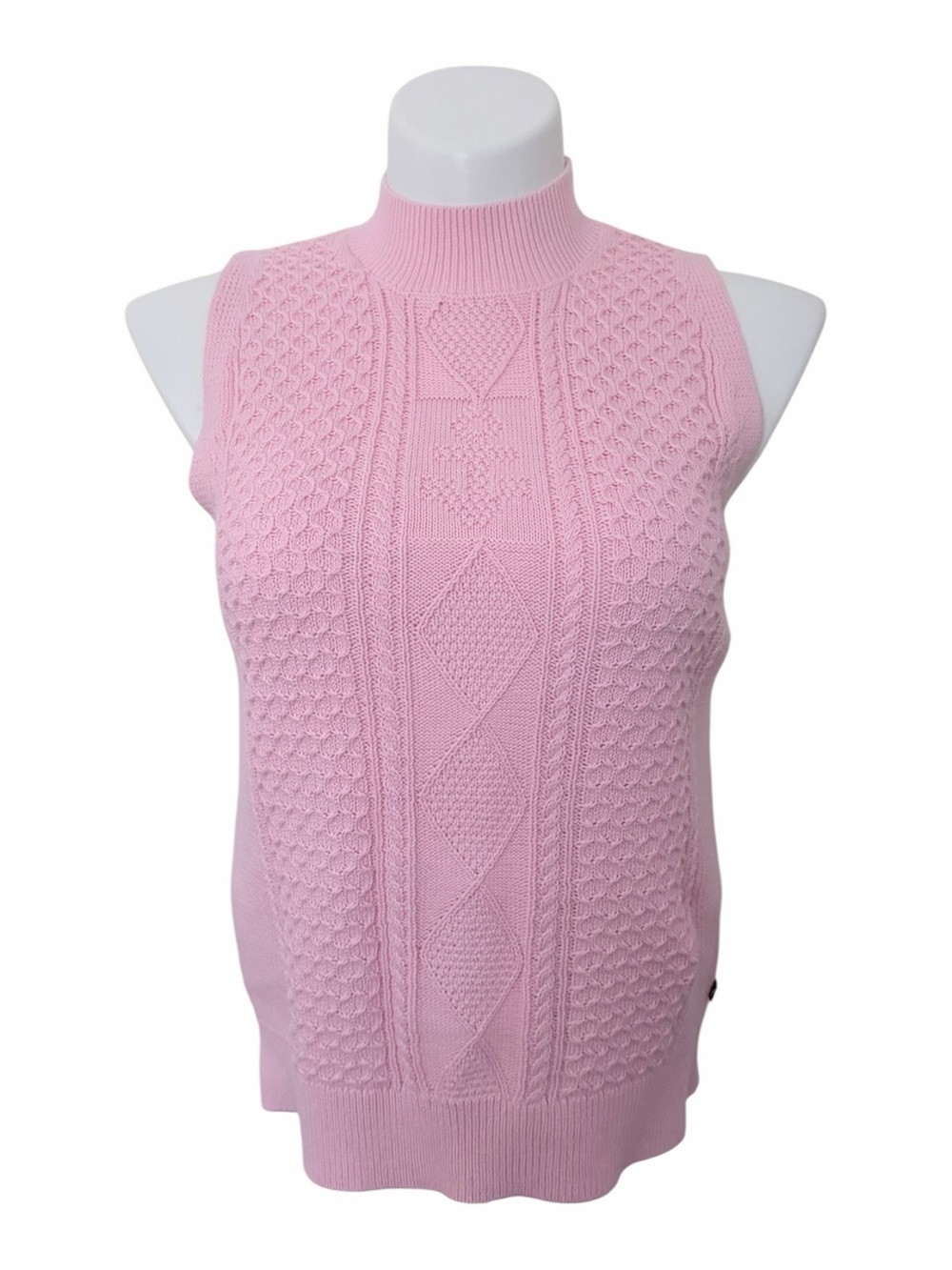 Nautical Sleeveless Pink Cable Knit Mock Neck Sweater Tank Size Medium